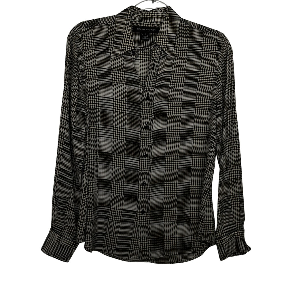 Ralph Lauren Silk Blouse Women 8 Black Cream Houndstooth Plaid Long Sleeve Shirt